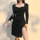 Long-sleeve Knit Square-neck Bodycon Dress