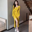 Long-sleeve V-neck Plain Lace-up Side-slit Dress