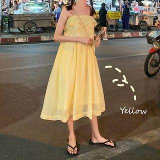 Sleeveless Plain Chiffon Dress Yellow - One Size
