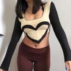 Long-sleeve Square Neck Heart Print Cropped T-shirt
