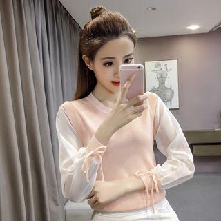 Long-sleeve Tie Accent Plain Knit Top