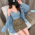 Set : Denim Sleeveless Top + Shirt / Print Leopard Split A-line Skirt