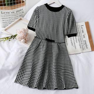 Houndstooth Short-sleeve Knit Dress Black - One Size