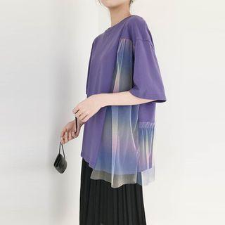 Mesh Panel Elbow-sleeve T-shirt Purple - One Size
