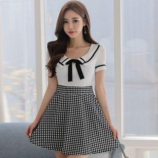 Plaid Panel Short-sleeve A-line Dress