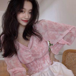 Dye Print V-neck Blouse Pink - One Size
