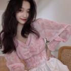 Dye Print V-neck Blouse Pink - One Size