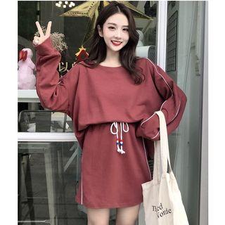Set: Contrast Trim Pullover + Drawstring A-line Skirt