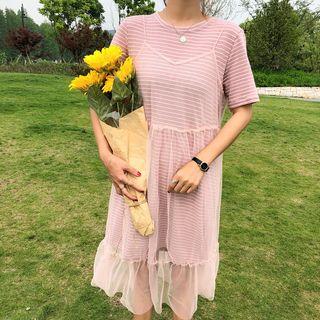 Set: Striped Short-sleeve T-shirt Dress + V-neck Midi Mesh Spaghetti Strap Dress