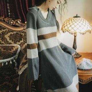 Collared Striped Knit Midi Dress