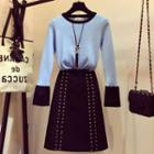 Set: Contrast Trim Long Sleeve Knit Top + Studded A-line Skirt