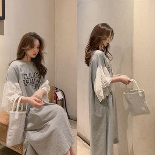 Elbow-sleeve Lace Trim Midi T-shirt Dress