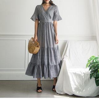 V-neck Ruffle Sleeve Layered Dress Plaid - One Size