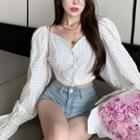 Long-sleeve V-neck Cut-out Blouse White - One Size