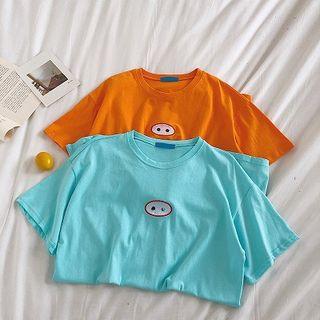 Picture Embroidered Crewneck Short-sleeve Shirtdress