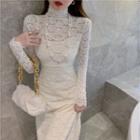 Set: Long-sleeve Mock-neck Lace Midi A-line Dress + Slipdress