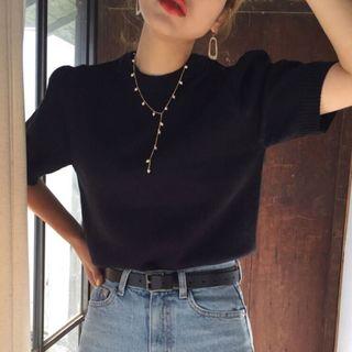 Puff-sleeve Mock-neck Knit Top Black - One Size