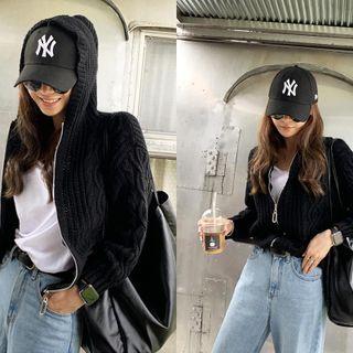 Zip-up Cable-knit Hoodie Black - One Size