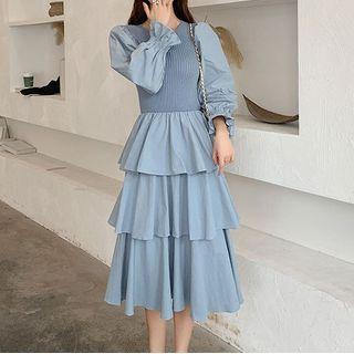 Knit Panel Midi A-line Layered Dress