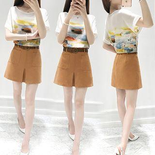 Set: Print Short Sleeve Chiffon T-shirt + A-line Skirt