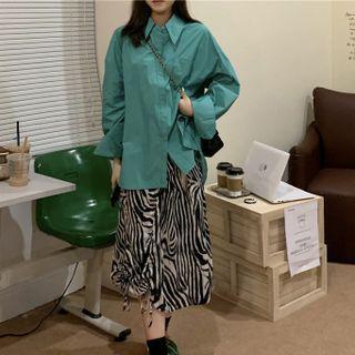 Plain Shirt / Zebra Print Midi A-line Skirt