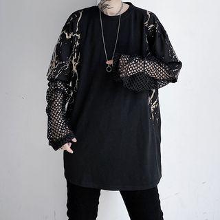 Printed Mesh Panel Long-sleeve T-shirt