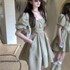 Cutout-waist Bubble-sleeve Mini Dress