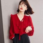 Long-sleeve V-neck Lace-up Plain Blouse