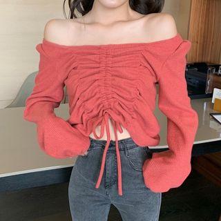 Long-sleeve Off-shoulder Ruched Knit Top