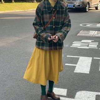 Loose-fit Plaid Jacket / Corduroy Semi Skirt / High-neck T-shirt