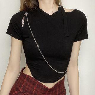 Short-sleeve Lettering Chain Cutout Crop Top