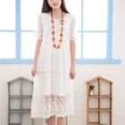 Short-sleeve Lace Panel Midi Dress Almond - One Size
