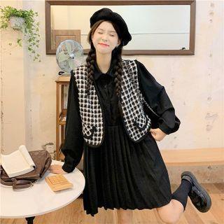 Plaid Vest / Long-sleeve Collared A-line Dress