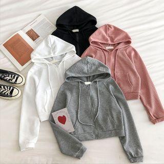 Plain Zipper Hooded Long-sleeve Sweatshirt