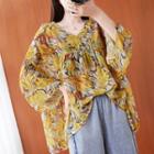 Floral 3/4-sleeve V-neck Blouse Yellow - One Size