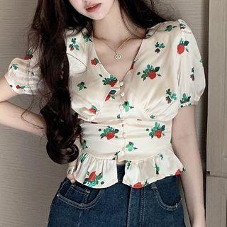 Puff-sleeve V-neck Floral Slim Fit Crop Top