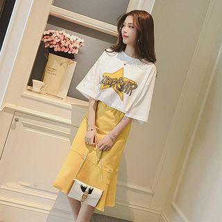 Set: Elbow-sleeve Star Print T-shirt + Mermaid Midi Skirt