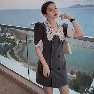 Short-sleeve Lace Trim Collared Mini Sheath Dress