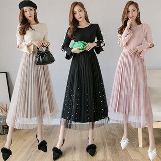 High-waist Faux Pearl Pleated Skirt