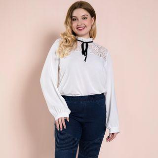 Plus Size Long-sleeve Tie-neck Lace Panel Blouse