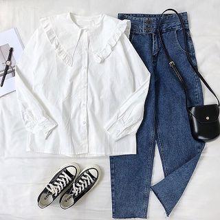 Plain Ruffled-trim Peter-pan Collar Long-sleeve Blouse