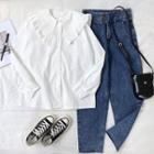 Plain Ruffled-trim Peter-pan Collar Long-sleeve Blouse