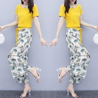 Set: Bow Short-sleeve T-shirt + Crop Wide Leg Pants