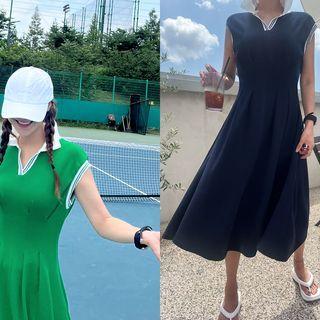 Cap-sleeve Contrast-trim Pleated Long Dress