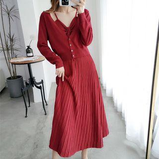 Set: V-neck Cardigan + Spaghetti Strap Midi A-line Knit Dress