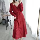 Set: V-neck Cardigan + Spaghetti Strap Midi A-line Knit Dress