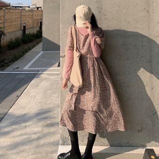 Long-sleeve Turtle-neck T-shirt / Short-sleeve Floral Midi A-line Dress