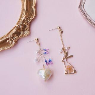 Rabbit Butterfly & Heart Asymmetrical Dangle Earring