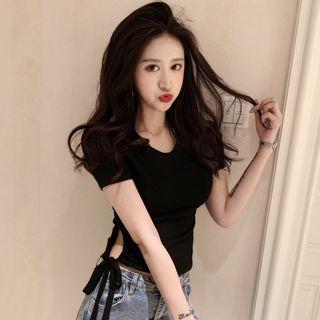 Short-sleeve Ribbon Asymmetric Cropped T-shirt