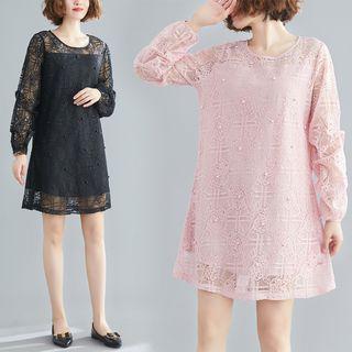 Plain Round-neck Lantern-sleeve Lace Dress